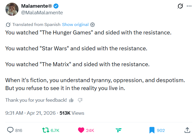 GoogleExpertUK's tweet image. You watched "The Hunger Games" &amp;amp; sided with the resistance.
"Star Wars" &amp;amp; sided with the resistance.
"The Matrix" &amp;amp; sided with the resistance.
When it's fiction, you understand tyranny, oppression, &amp;amp; despotism...
- @MalaMalamente✒️
x.com/MalaMalamente/…
#socent🧩#artivism🎬