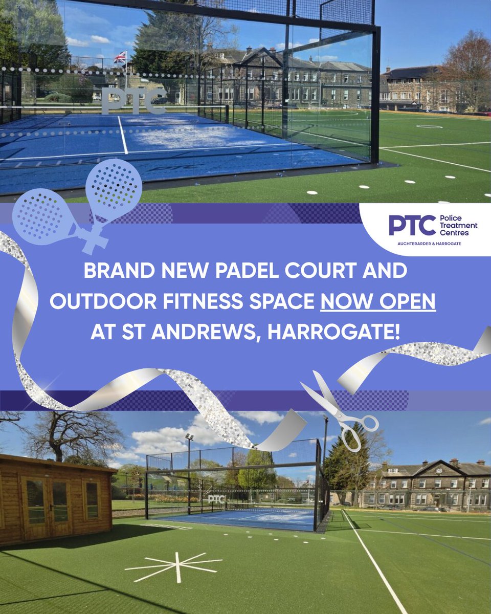 PTCentres's tweet image. 🎉 New in Harrogate!

Our padel court &amp;amp; outdoor fitness space is now open for patients 👟🏆

#Police #PTC #Harrogate #Padel #PadelCourt