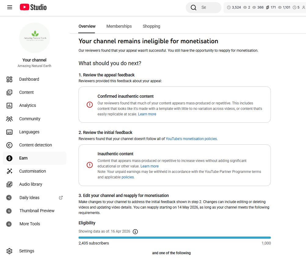 GalleryAnimated's tweet photo. Hello @YouTubeIndia  @TeamYouTube  , I need help with a monetization review.

My channel "Amazing Natural Earth" was marked for inauthentic/mass-produced content, but many videos contain my real face, live content, and original work. https://t.co/sQJO7m0WkX