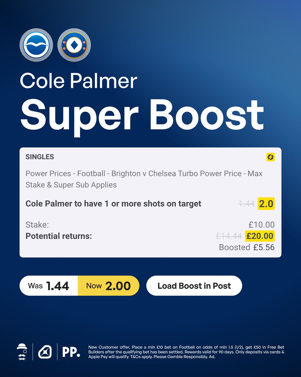 ⚡️ Cole Palmer Super Boost.

Boosted from 1.44 to 2.00.

Load bet: bit.ly/PalmerSuper-BO…

New follower? Join Paddy Power, stake £10 on it, and you'll unlock £50 in Free Bets.

Claim offer: bit.ly/Claim-50-FreeB…

👇🏼 You can find my research below.

18+, T&amp;Cs Apply. Ad.