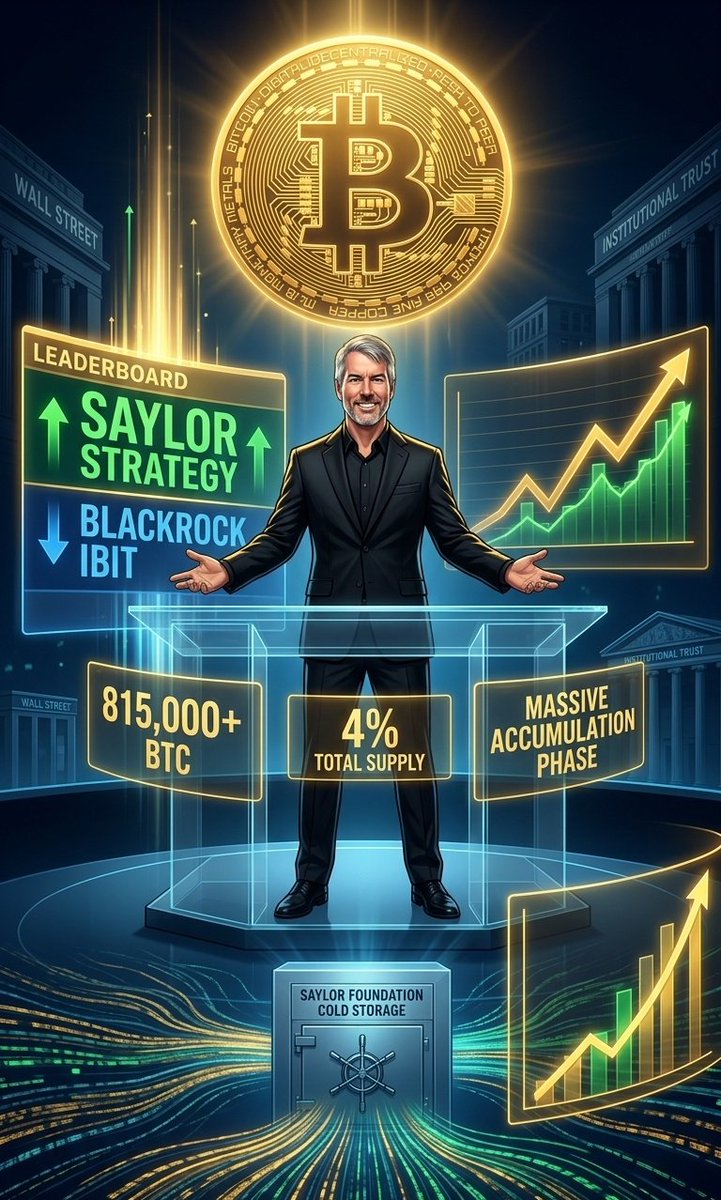 Theclueacademy's tweet photo. SAYLOR JUST FLIPPED BLACKROCK! 🚨

​The race for #Bitcoin dominance has reached a massive milestone. We just added another 34,164 BTC to the treasury, bringing our total to a staggering 815,000+ BTC.

​What you need to know:
​🏆 We’ve officially overtaken BlackRock’s IBIT fund.
​💎 We now hold nearly 4% of the total supply.
​📈 The institutional accumulation isn't slowing down—it's accelerating.