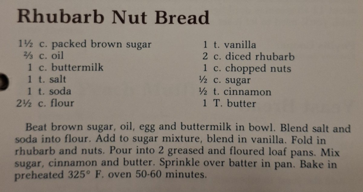 Re2OldFOOD's tweet image. Rhubarb Nut Bread -- 1980s 

The "soda" listed is baking soda.

#RhubarbNutBread #bread #sugar
#1980srecipe