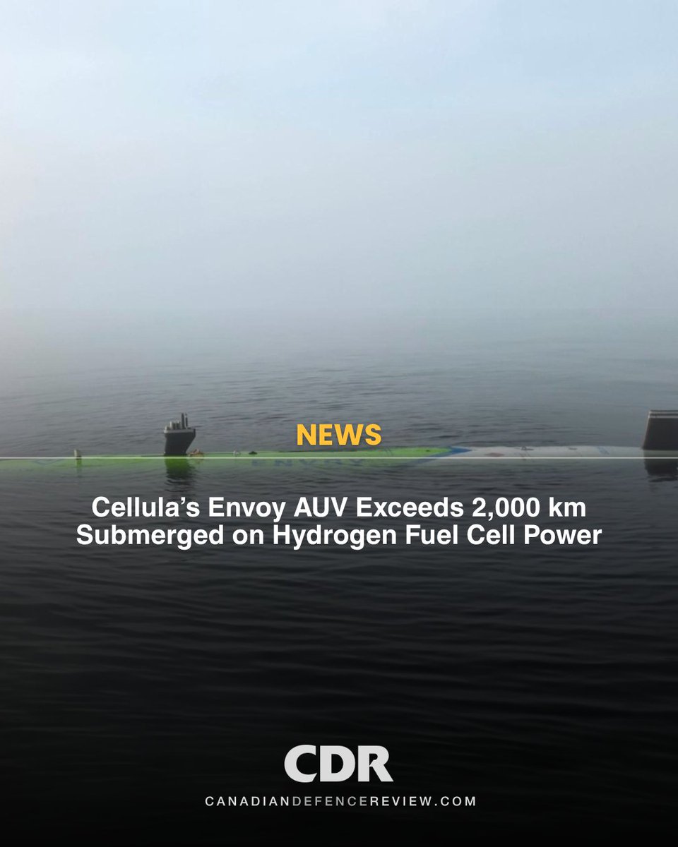CDRmagazine's tweet image. 🚀Cellula Robotics Ltd demonstrates over 2,000 km of fully submerged endurance with its Envoy Autonomous Underwater Vehicle (AUV), powered by a hydrogen fuel cell. canadiandefencereview.com/cellulas-envoy…

#CanadianDefenceReview #CDRmagazine #DefenceNews #CanadianDefence #Defence