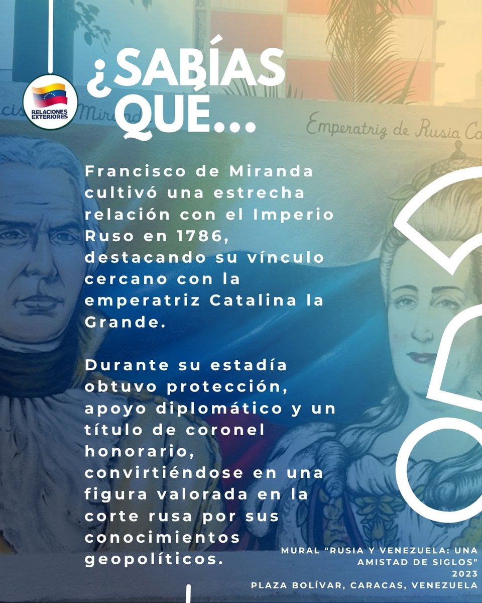 Cancilleria_ve's tweet photo. 🤔#SabíasQué | La hermandad entre Venezuela y Rusia es un legado histórico que inició con la visión del Generalísimo Francisco de Miranda. 

Hoy, esa relación ha evolucionado hasta convertirse en una alianza inquebrantable y más firme que nunca 🇻🇪🇷🇺

#Entérate
#Comenta
#Comparte https://t.co/Nv5FNDCUq3
