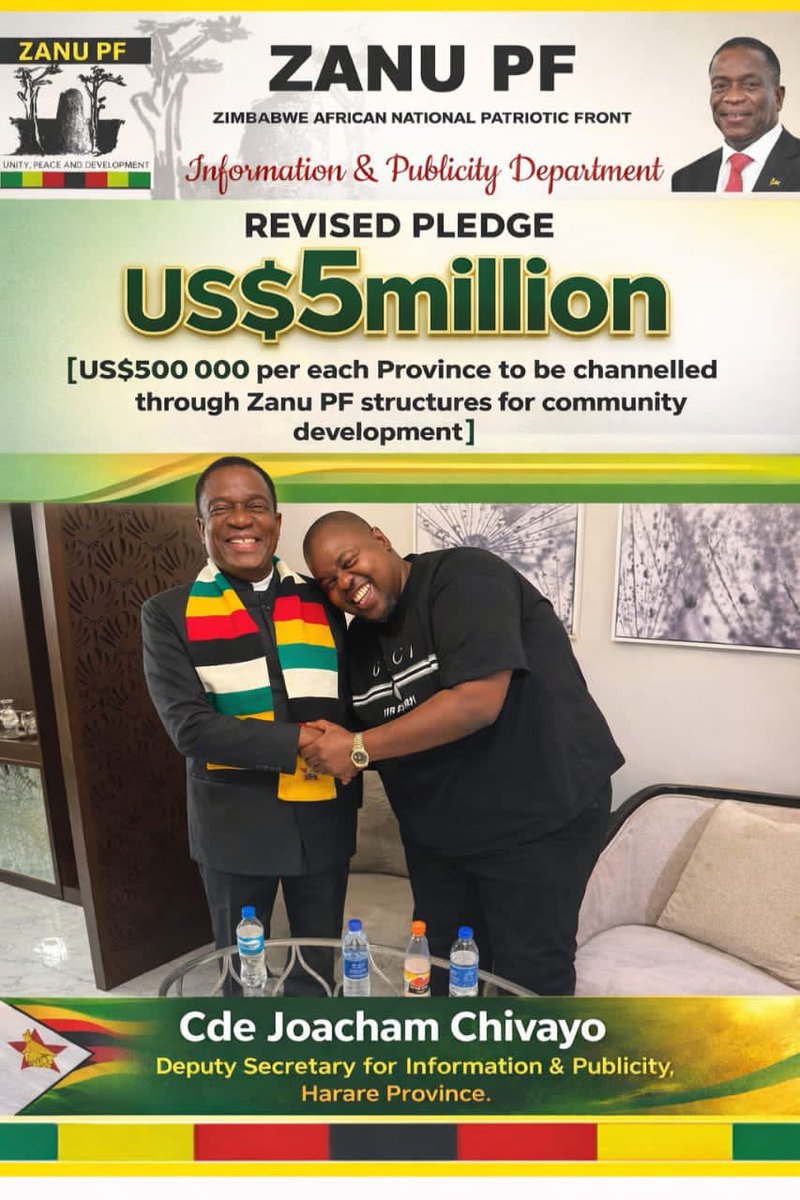 I truly appreciate Sir Wicknell Chivayo’s continued financial support to the ruling party, ZANU PF. His willingness to put resources behind the developmental agenda of the Second Republic is commendable. A pledge of USD 5 million, channeled through the party’s provincial