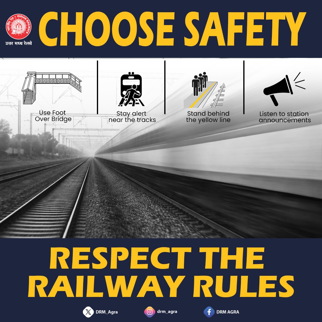 DRM_Agra's tweet image. Stay Alert, Stay Safe 🚆⚠️

Always follow the railway rules— use FOB for crossing, never walk along or near the tracks, and stay attentive to railway announcements at all times.

#RailSafety #UseFOB #StayAlert #SafeTravel #IndianRailways