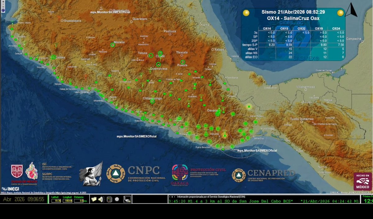 AlMaXx8017's tweet image. 23 estaciones sismosensoras (si no me falla la dactilonomía) del SASMEX activadas por el reciente #sismo M=4.8 de Miahuatlán, #Oaxaca.

Sólo un punto de observación arrojó una estimación de M&amp;gt;5.0

La alerta sísmica estuvo a punto de ser activada en la central de Oaxaca, aunque
