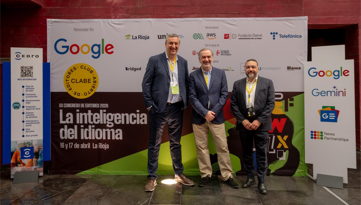 clabe_editores's tweet photo. CLABE presenta la galería de patrocinadores del XX congreso de editores 2026 📸

Patrocinador Oro 🥇 @GoogleES, junto a @lariojaorg, @UNIRuniversidad, @unirioja y @Telefonica impulsan esta edición.

Con el apoyo de @AytoLogrono y @fsanmillan.
#CongresoCLABE2026 https://t.co/O6xRdsU3oL