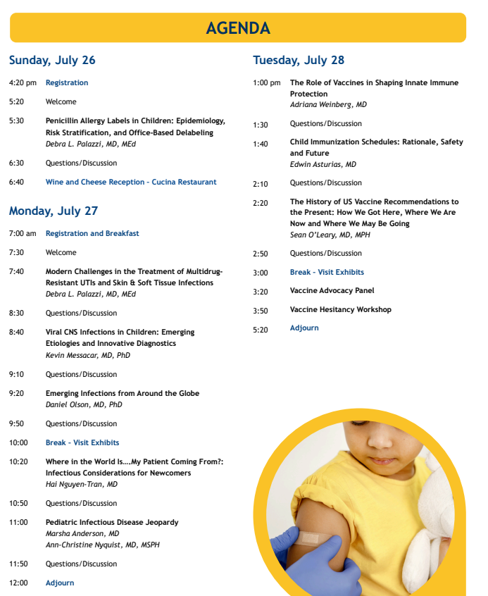 COpedsID's tweet photo. Join us for the 43rd Conference on Pediatric Infectious Diseases #VailPedsID2026 July 26-31, in-person or virtual with CME/MOC available.  Learn the latest #pedsID updates from @COpedsID faculty &amp; guest speakers @PalazziDeb @PIDSociety 
Register here:
https://t.co/iWnWNe9c6U https://t.co/Bh98OcKqnI