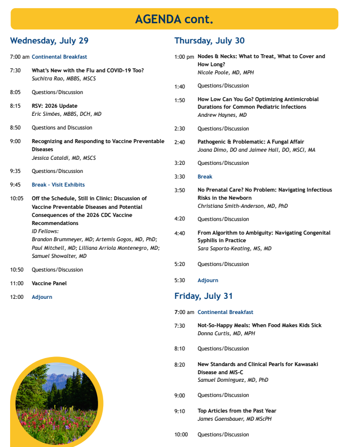 COpedsID's tweet photo. Join us for the 43rd Conference on Pediatric Infectious Diseases #VailPedsID2026 July 26-31, in-person or virtual with CME/MOC available.  Learn the latest #pedsID updates from @COpedsID faculty &amp; guest speakers @PalazziDeb @PIDSociety 
Register here:
https://t.co/iWnWNe9c6U https://t.co/Bh98OcKqnI