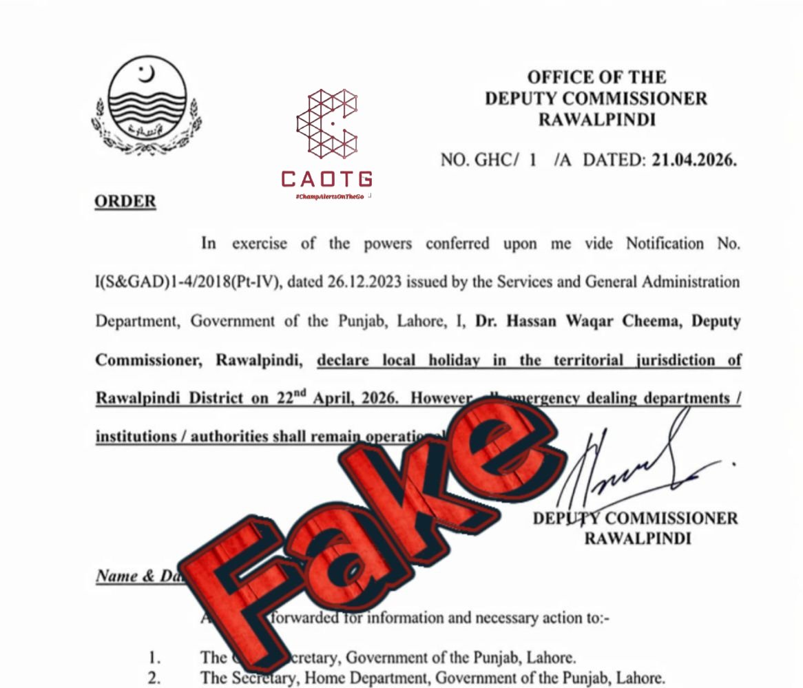 shaheryarhassan's tweet image. #Rawalpindi: #FakeNewsAlert 
Fake notification circulating. Please refrain from sharing unverified news. #ChampAlertsOnTheGo #CAOTG