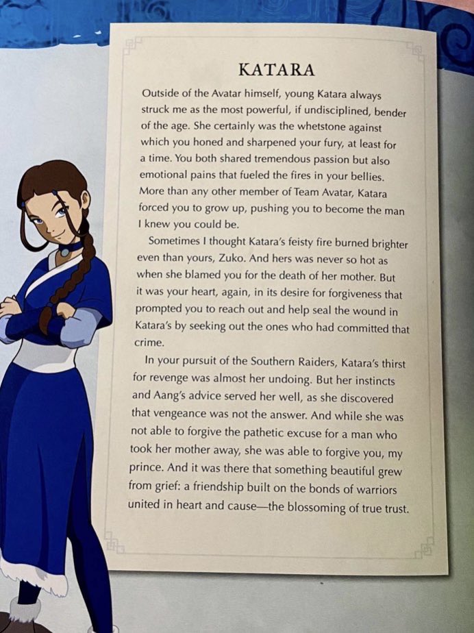 paintedko's tweet photo. hmmm i wonder…..who joined the gaang during book three….that katara can lean on…..someone older, who’s wise and brave…and who helped seal the wound in her heart?? hhhmmmm https://t.co/7xuFR1nouf