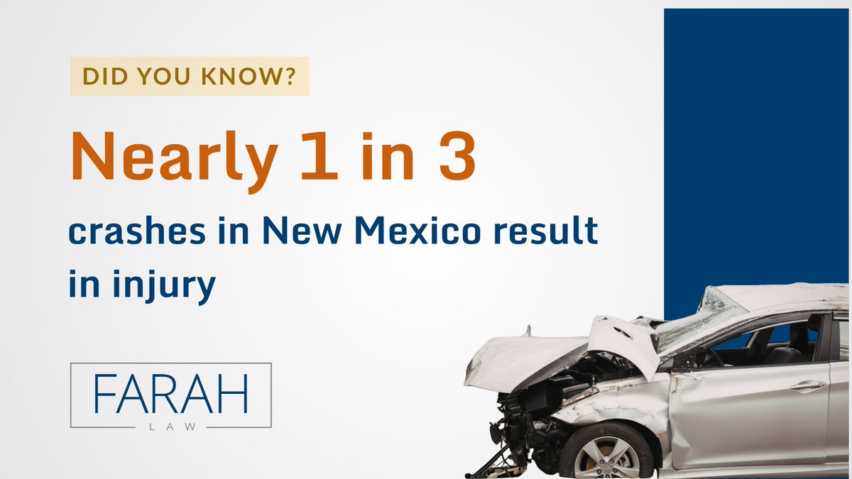 FarahLawTX's tweet image. Did you know nearly 1 in 3 crashes in New Mexico result in #injury? Although a crash may seem minor, car accident injuries are not always obvious right away. Learn how we can help after a car accident: bit.ly/3QeJEq6 | #PersonalInjury #lawyer