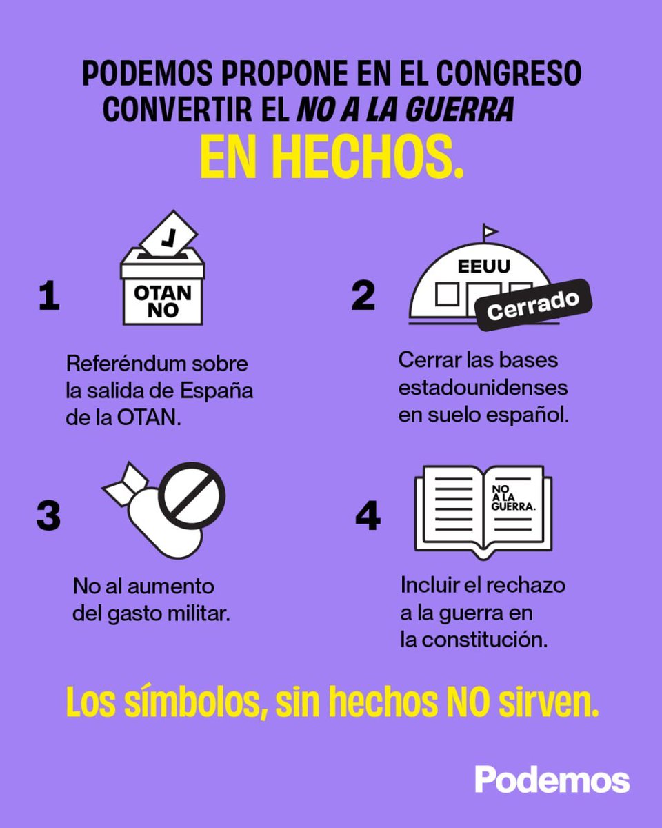 podemosmad's tweet image. De los símbolos a los hechos. ✊ Podemos lleva al Congreso medidas concretas para un No a la Guerra real: referéndum OTAN, cierre de bases de EEUU, no más gasto militar y paz en la Constitución. Los símbolos, sin hechos NO sirven.

#Podemos #NoALaGuerra #Paz #OtanNo #BasesFuera