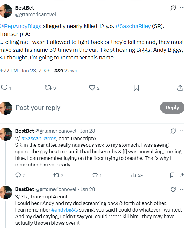 grtamericanovel's tweet image. Just a few⬇️@RepAndyBiggsAZ allegedly was both #J6 planner AND in #TrumpEpsteinPedoRing. Instd of slinking off into the sunset, he's now running for #Arizona governor🤡🤮 Below are posts from @SaschaBarros re Biggs nearly beating him to death when Sascha was age ~12😠@katiehobbs