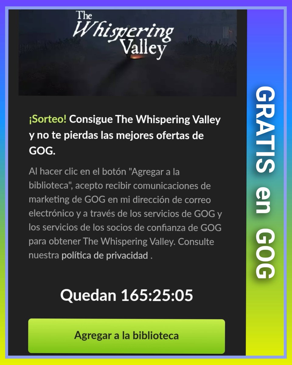 JUEGOSYDISFRUTE's tweet image. Sin sorteo sólo yendo a GOG puedes obtener GRATIS el juego " The Whispering Valley " 
 🤩🤩🤩🤩
🟥 Quedan 165 horas para que se acabe la oferta Gratuita de este juego en GOG
 ✅ Enlace: gog.com/en/game/the_wh…

@GOGcom #Gratis #pcgaming #FelizMartes
