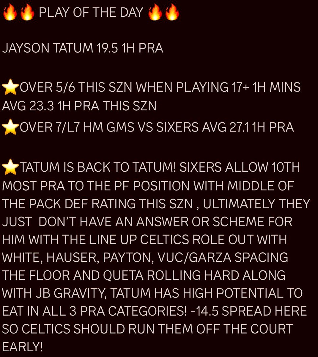 RACKEMSPORTS's tweet image. 🔥🔥 PLAY OF THE DAY 🔥🔥

JAYSON TATUM 19.5 1H PRA

 #POTD #PLAYOFTHEDAY #PrizePicks #playerprops #DFS #pp #mlb #NFL #NFLPRIZEPICK #nfltwitter #nbatwitter #NBA #nbaplayoffs #nbaplayintournament #NBAprizepick #celtics #tatum #WNBAPicks #nbaespn #wnba #NBACup #nbaprop #nbaplays