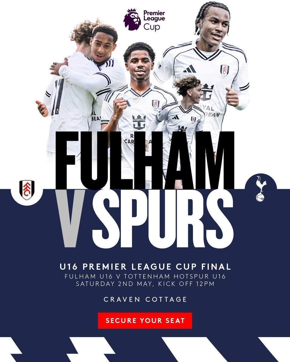 FulhamAcademy's tweet photo. A cup final at the Cottage! 🤍

#FFCU16s will play Spurs in the Premier League Cup Final on Saturday 2nd May, 12pm KO. Entry is free for all supporters.