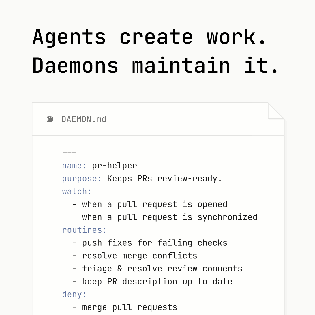 rileytomasek's tweet photo. Agents create work. Daemons maintain it.

Is your team drowning in unmergeable PRs, stale docs, and half-finished issues?

Today we're launching a new product category to fix exactly that: daemons. https://t.co/7UJ7f8zChu