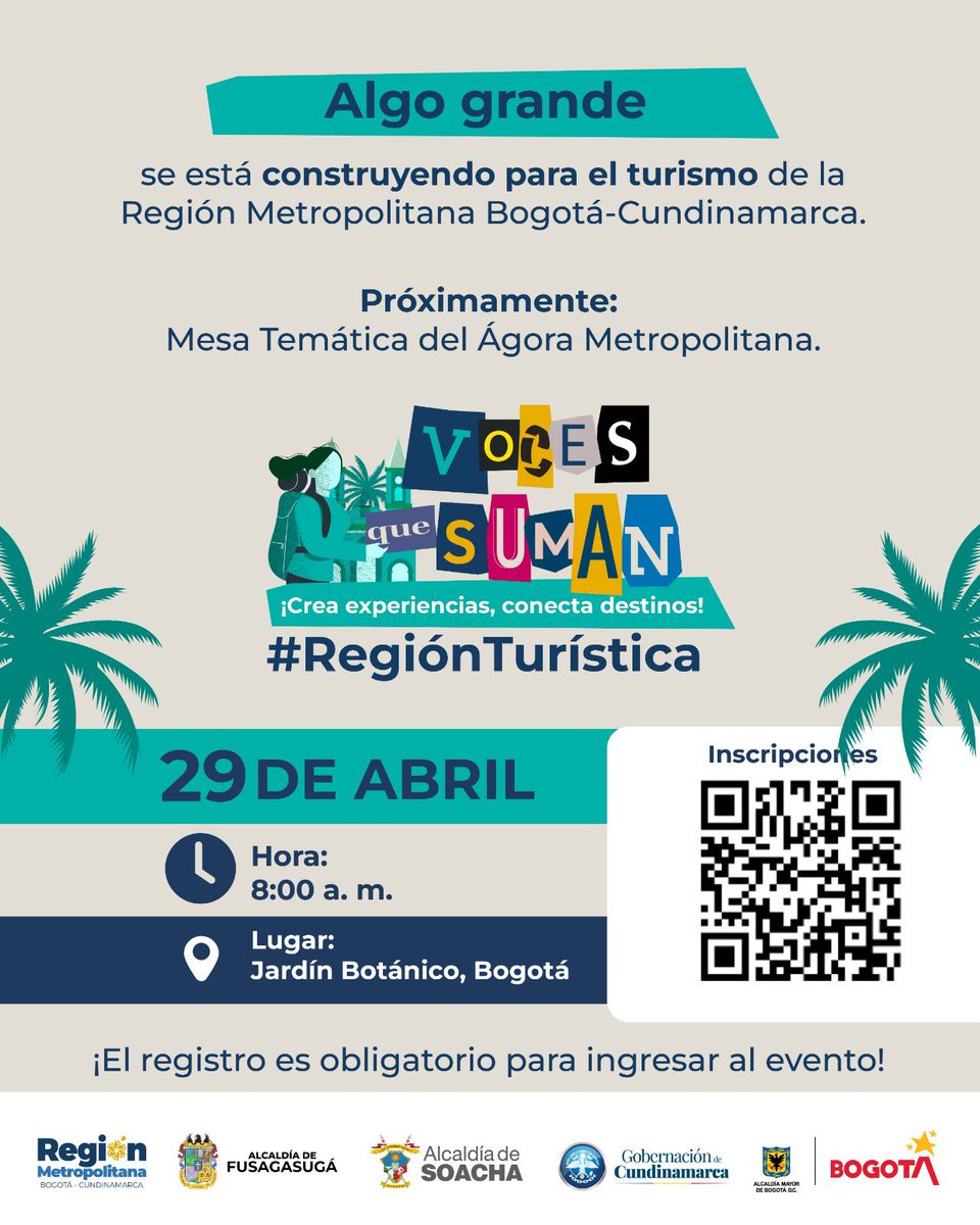 Algo grande se está construyendo para el turismo de la Región Metropolitana <a href="/SomosRegionMBC/">Región Metropolitana Bogotá - Cundinamarca</a> 🌿✨
Te invitamos a ser parte de la Mesa Temática del Ágora Metropolitana: #VocesqueSuman, un espacio para crear experiencias y conectar destinos.

📅 29 de abril
🕗 8:00 a. m.
📍 Jardín