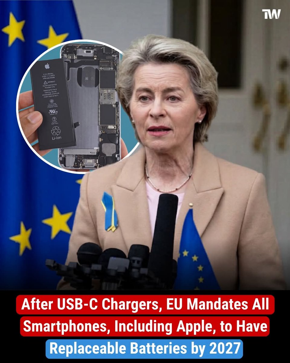 iMavvy_'s tweet image. After making USB-C the new standard, the EU is pushing another big change for phones.

Starting Feb 18, 2027, smartphones and many portable devices sold in the EU must have batteries that users can remove and replace more easily.
#smartphones  #Technology 
(via w/a)