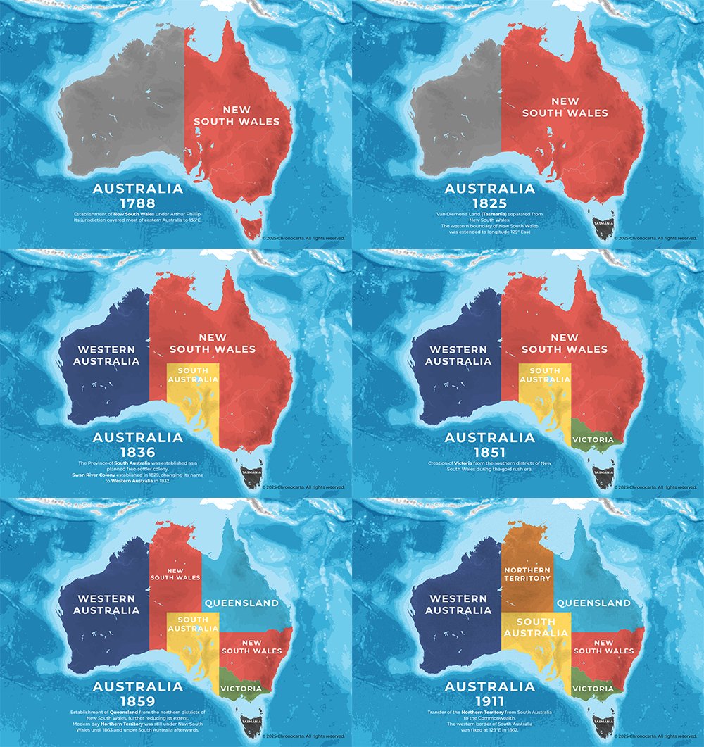 chronocarta's tweet photo. Famously starting as a prisoner colony, Australia split into separate colonies.

Victoria was created to attract more "respectable" families and promote an even balance between male and female settlers.

In 1851 the Australian gold rush caused a rapid population boom. https://t.co/MITyqtpyoh