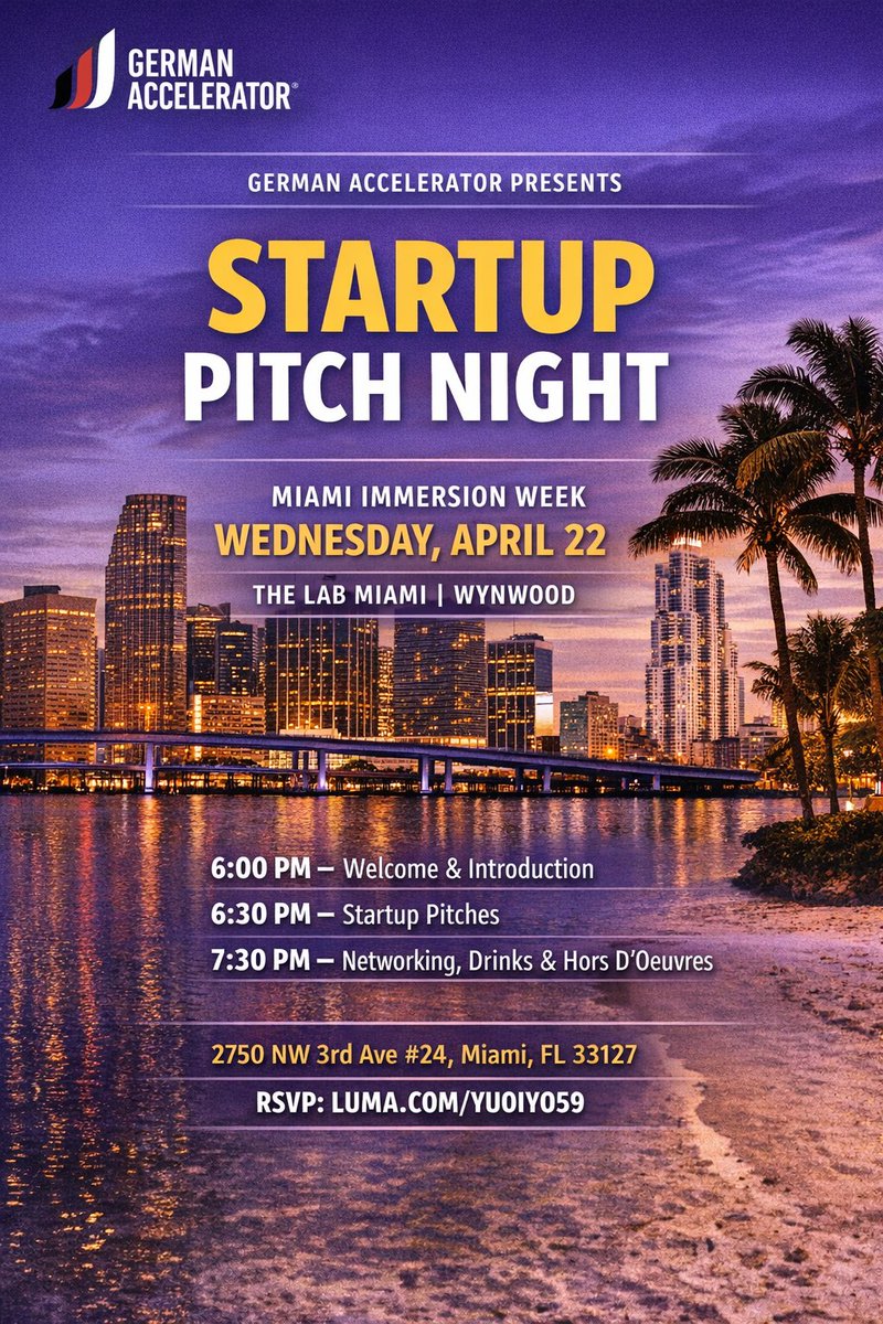 startupfiu's tweet image. Join us for Startup Pitch Night as part of German Accelerator’s Immersion Week in Miami 🇩🇪🚀

📅 Wednesday, April 22
📍 The LAB Miami, Wynwood
⏰ 6:00 PM – 8:30 PM

👉 RSVP: luma.com/yuoiy059

#MiamiTech #Startups #Innovation #Networking #Entrepreneurship #GermanAccelerator