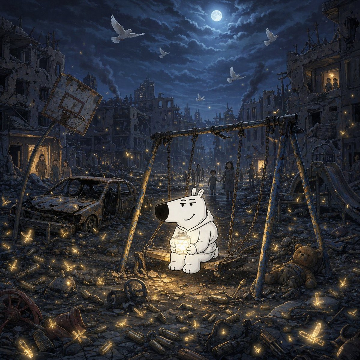 Peaceguymeme's tweet photo. PeaceGuy sits in the ruins with a lantern… and even the dark starts healing. 

$PEACEGUY https://t.co/GRsFty8RM9