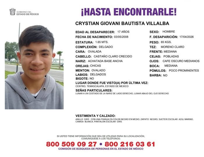 Solicitamos de tu apoyo en difusión para dar pronta localización a Crystian Giovani Bautista Villalba, comunícate a los teléfonos al pie del boletín. #TodosEnLaBúsqueda