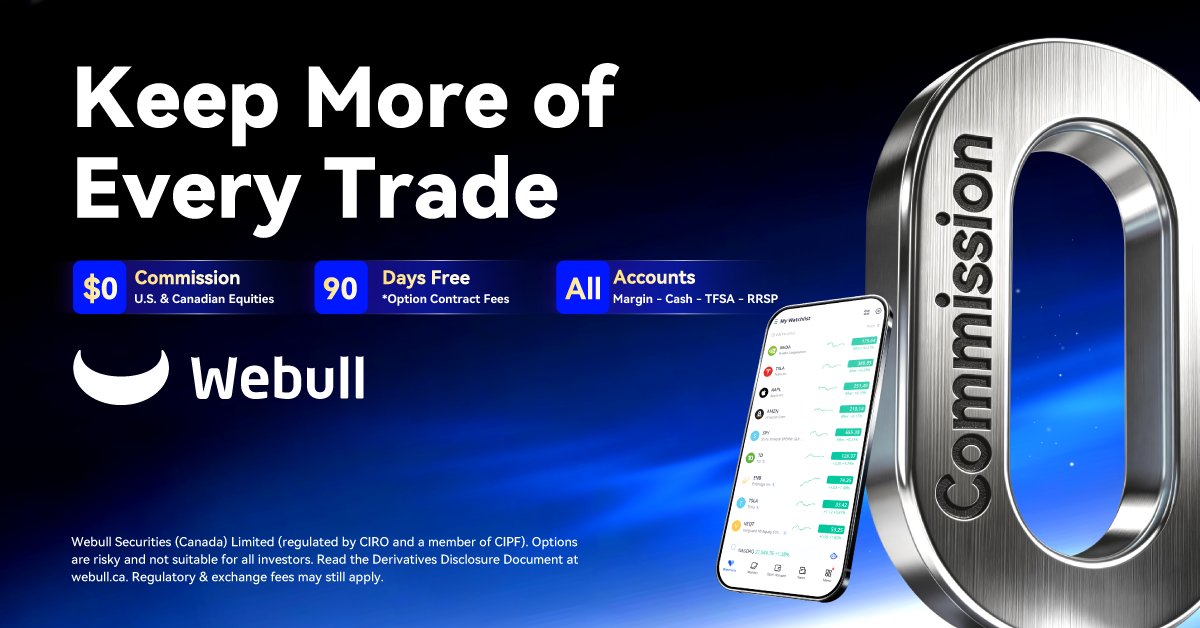 Webull_Canada's tweet photo. Lower costs. Deeper insights. Better structure.

When the platform is designed for efficiency, you can focus on what matters most: making informed decisions.

Own more of every trade 👇
https://t.co/IuRQGflaVB

_
Webull Securities (Canada) Limited (regulated by CIRO and a member of CIPF). Options are risky and not suitable for all investors. Read the Derivatives Disclosure Document at https://t.co/6KPsUn7IHE. Regulatory & exchange fees may still apply.