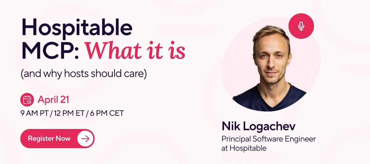 hospitable's tweet photo. Workshop 1 of our MCP series is live today with @entreprenik  👇

Meet Hospitable MCP: what it is (and why hosts should care)
🕒 12 pm ET

Join us: https://t.co/V8O4wZV7py https://t.co/Y2GYfa5DrZ
