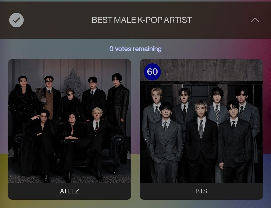 ✨️ Bom dia moots ✨️

Já votaram no AMAs hj??? 

São 60 votos por categoria 🫵
🏆Artist of the Year
🏆Song of the Summer
🏆Best Male K-Pop Artist

Link: vote.theamas.com