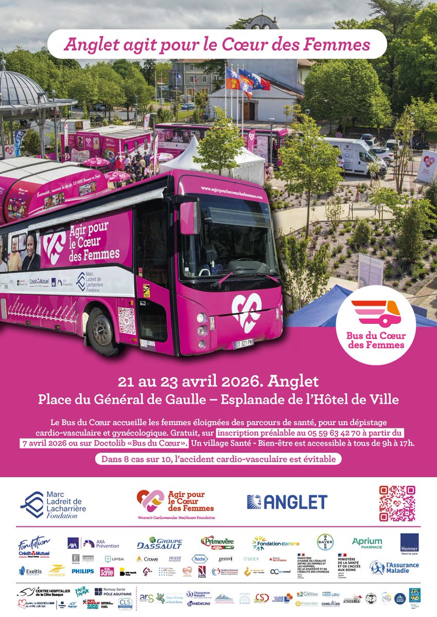 Prefet64's tweet photo. #Santé | L’association Agir pour le Cœur des Femmes revient sur Anglet avec son « Bus du Cœur »

👩‍⚕️En France, toutes les 7 minutes, une femme meurt d’une maladie cardiovasculaire. Dans 8 cas sur 10, ces accidents peuvent être évités. Ces chiffres montrent un besoin urgent de dépistage.

📍 Le Bus du Cœur revient du 21 au 23 avril sur l’esplanade de l’Hôtel de Ville à Anglet

➡️ Dépistage gratuit (cardio et gynécologique)
➡️ Pour les femmes éloignées du parcours de santé
➡️ Sur inscription : 05 59 63 42 70 ou Doctolib “Bus du Cœur”
➡️ Village Santé & Bien-être ouvert à tous, de 9h à 17h

💓 Prévenir plutôt que guérir : un enjeu majeur pour la santé des femmes.

Crédit photos : Ville d'Anglet