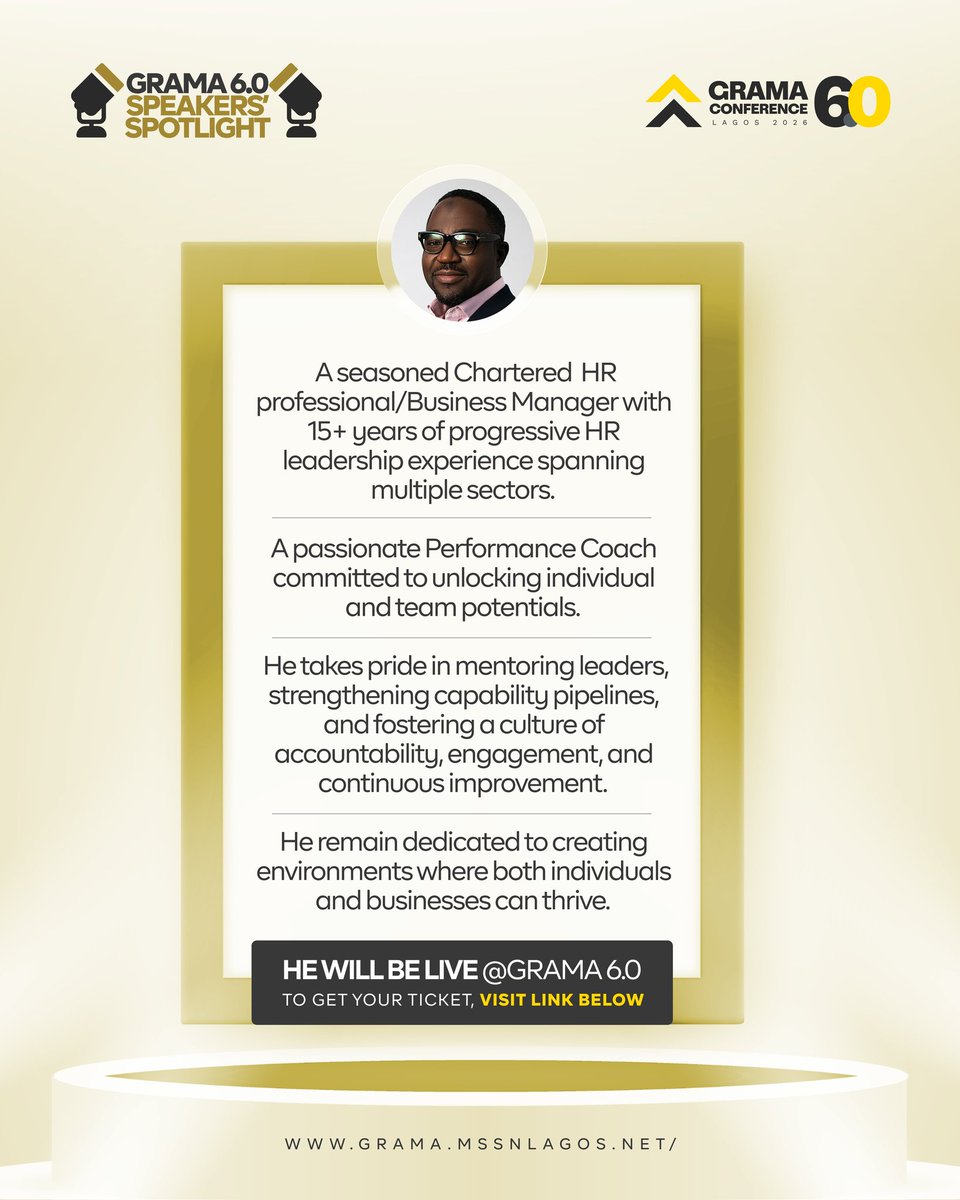 SPEAKER SPOTLIGHT ✨

Ayoola Mustapha Raji (MCIPD) – HR Director <a href="/pladis_Global/">pladis</a> Foods Nigeria.

15+ yrs HR leadership. Performance coach. Mentor. He builds environments where people &amp; businesses thrive.

Live at GRAMA 6.0.

🗓️ May 2 | UNILAG, Lagos
🔗 grama.mssnlagos.net
