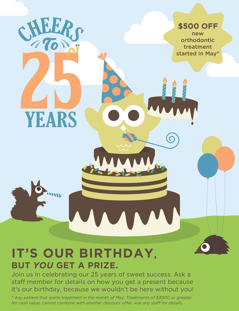 IT’S OUR BIRTHDAY… BUT YOU GET THE GIFT 🎉
We’re celebrating 25 years of smiles, &amp; we couldn’t have done it without you!
✨ $500 OFF new orthodontic treatment ✨ When you start treatment in May. 
Let our team know you’re ready to celebrate with us—we’ll take care of the rest! 🎁