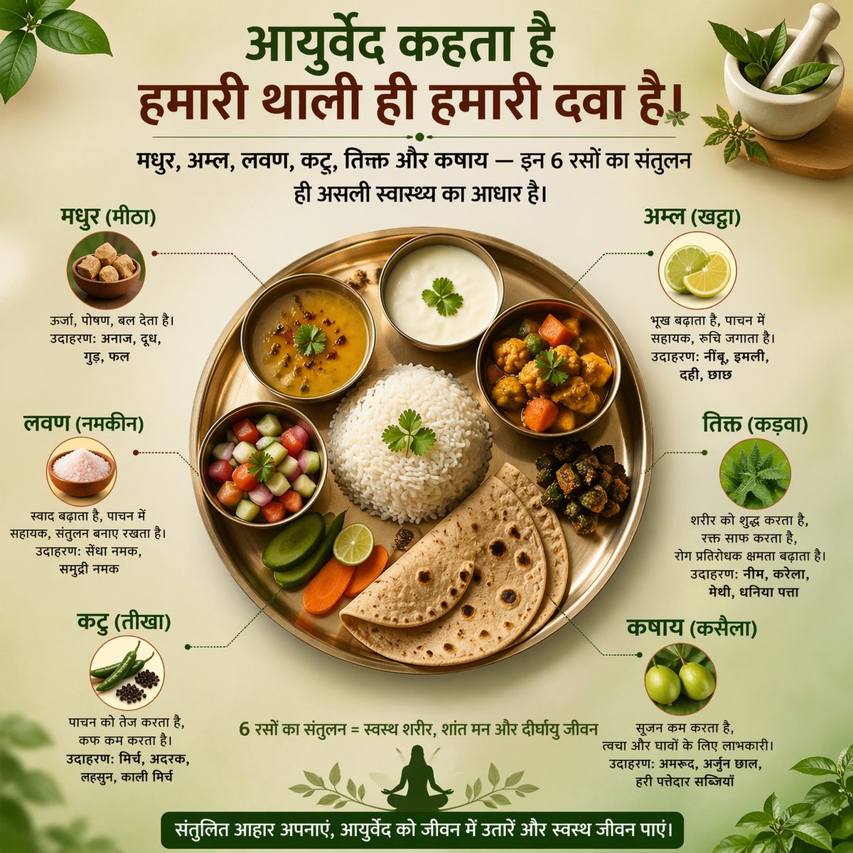 Heena595452052's tweet image. संतुलित थाली ही सच्ची सेहत की कुंजी है — जब 6 रस सही मात्रा में मिलते हैं, तब शरीर और मन दोनों स्वस्थ रहते हैं। 🌿
#Ayurveda #HealthyLiving #TrendingNow