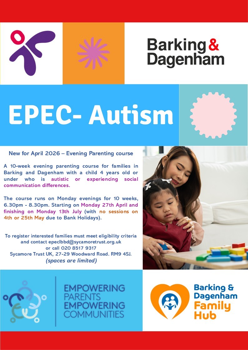 HealthwatchBD's tweet image. Join a 10-week evening EPEC Autism parenting course in Barking &amp;amp; Dagenham.
Designed for families with children aged 4 &amp;amp; under.
🗓️ Mondays from 27 April
⏰ 6:30–8:30pm
#AutismSupport #Parenting #BarkingAndDagenham