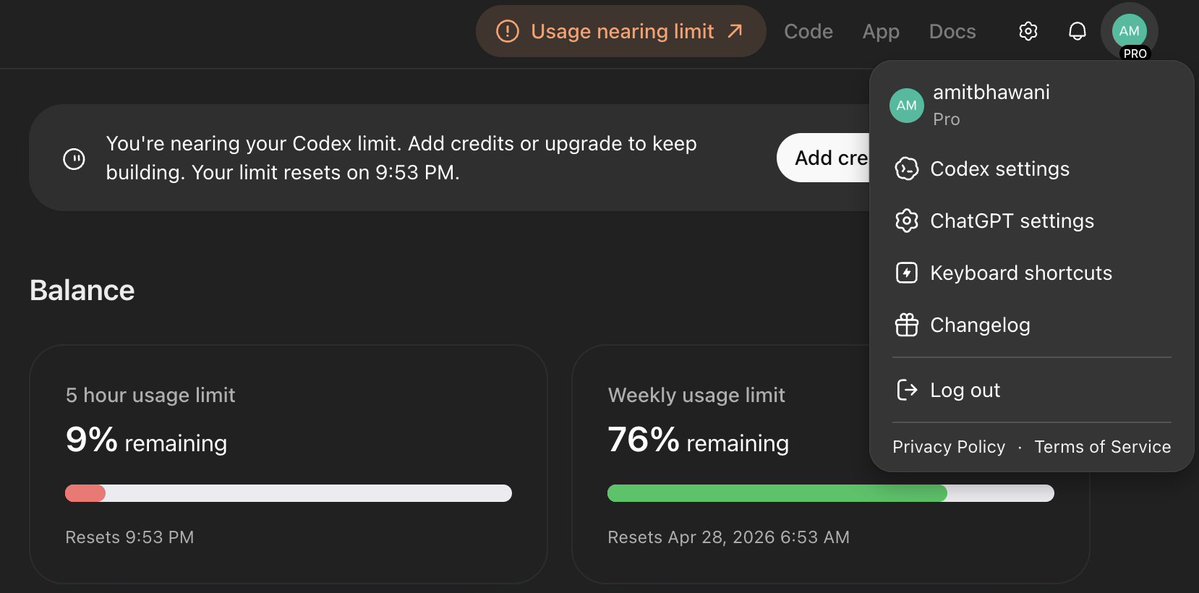 amitbhawani's tweet image. While #ChatGPT is announcing GPT 5.5 today, I think they should also work on the limits.

The weekly limits got reset today &amp;amp; already 25% is gone within 12 hours while I'm on the Standard speed (Fast uses 2x plan usage).

Till they sell Codex, it should be having higher limits!