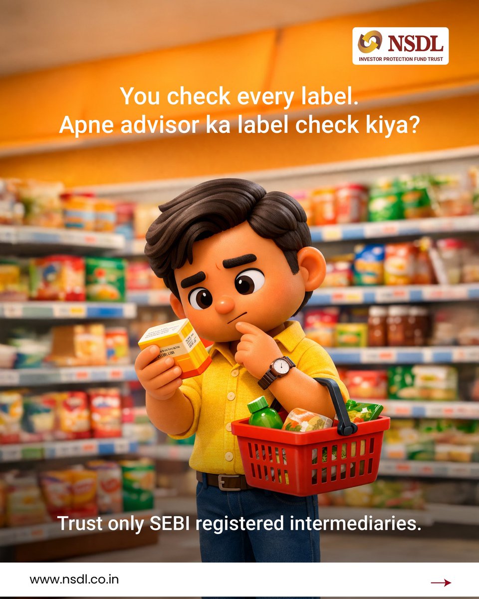 NSDL_Depository's tweet image. Smart choices start with checking the label.

Smart investments start with choosing the right advisor.

Trust only SEBI registered intermediaries.

#NSDL #InvestSmart #SEBI #FinancialSecurity #InvestorAwareness
