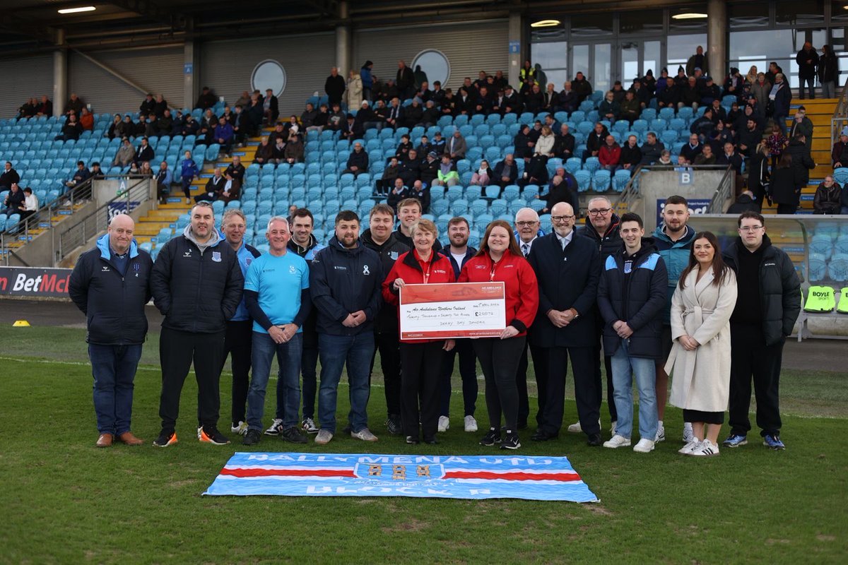 BallymenaUnited's tweet photo. Earlier this month, Ballymena United's 'Section F' supporters presented representatives from Air Ambulance NI with a cheque for £20,072 from their fundraising from the hugely successful 'Derby Day Dander' to Coleraine.

Well done again to everyone who played their part. 👏 https://t.co/BCgL7p5V6S