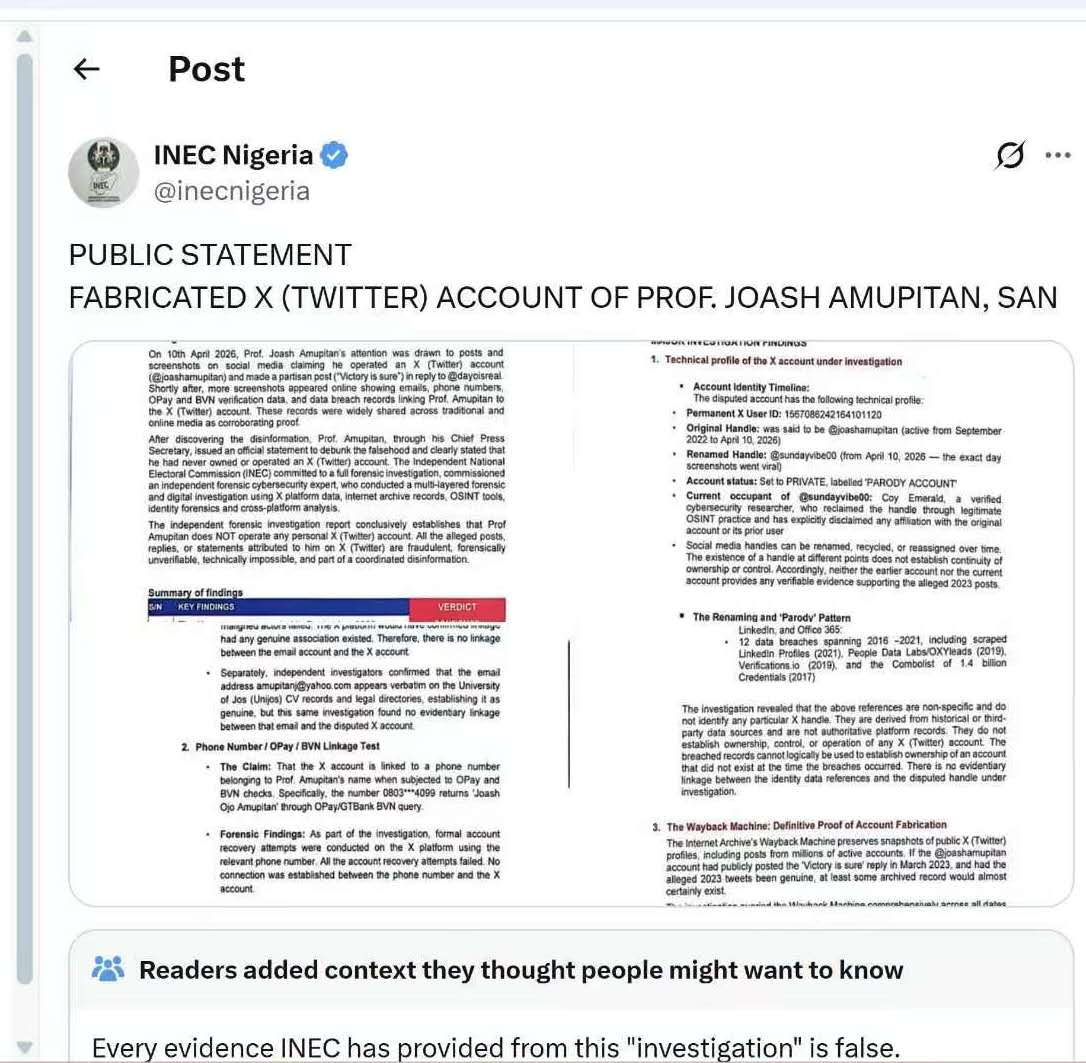 Urchyzz's tweet image. Even X says INEC's investigation is false.
You cannot be a judge in your own cause and still be a liar. 
Is this how you want to conduct your credible election?

Nigeria is deeply exhausting.

#INEC
