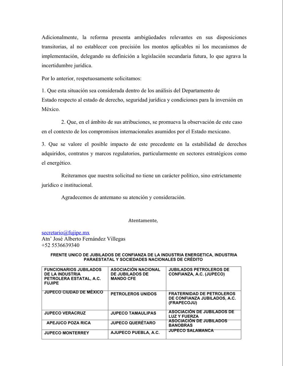 jubiladosPemex's tweet photo. 93 mil adultos mayores jubilados del sector público dimos un paso internacional.

Pedimos al @SecRubio que nuestro caso sea observado por su impacto en el Estado de Derecho y la seguridad jurídica en México.

Los derechos adquiridos también hablan hacia afuera.

#EstadoDeDerecho
#DerechosAdquiridos
#SeguridadJurídica
@AristeguiOnline @lajornadaonline @Reforma @CanalOnceTV @IMER_Noticias @WRADIOMexico
