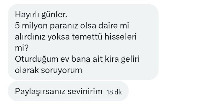 GTrinque's tweet photo. 5 Milyon Nakitiniz var.

-Daire mi? 
-Temettü hisseleri mi? https://t.co/lOeZ0Cqlmc