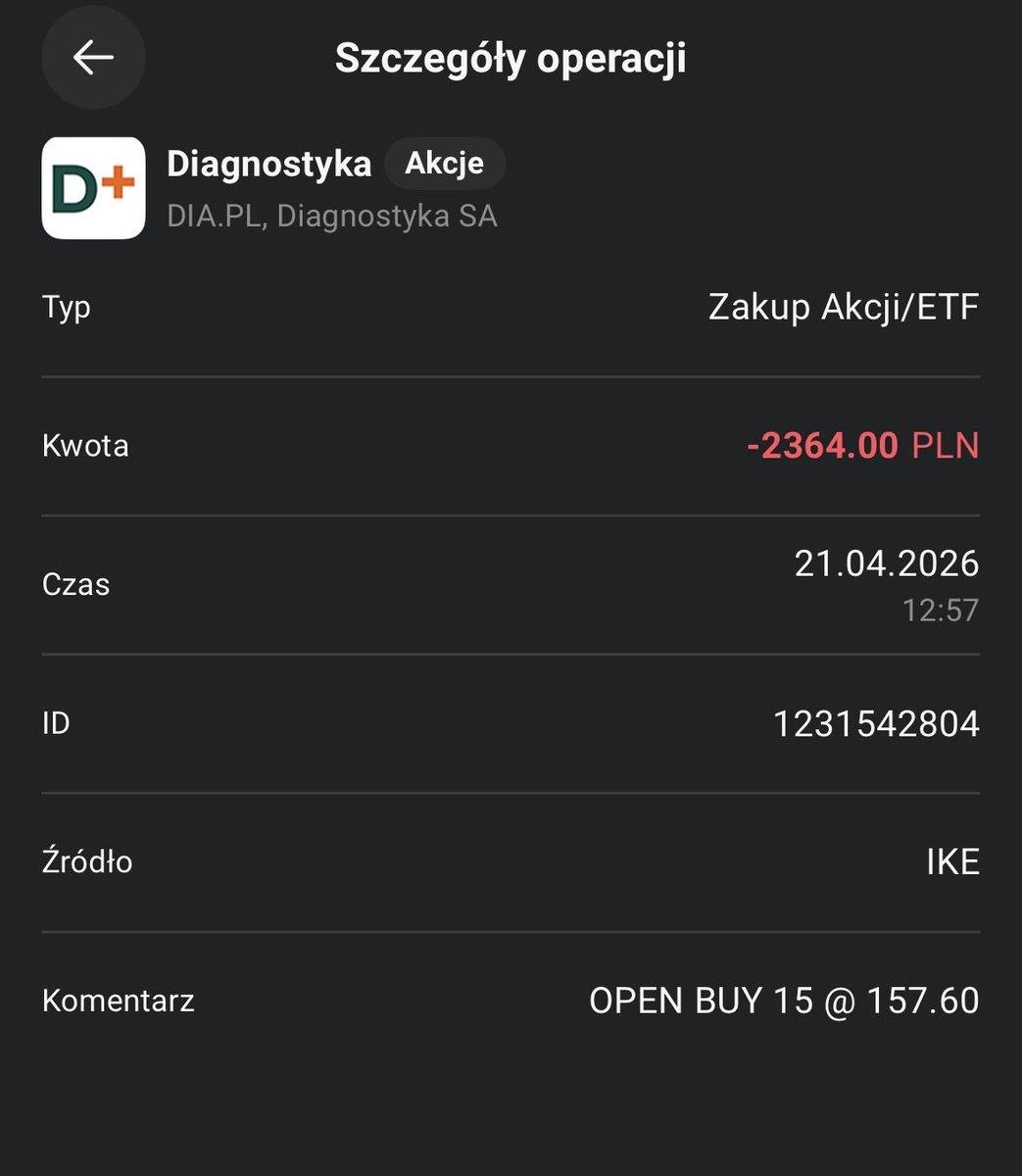 bonvivantdandys's tweet image. #fintwitt #fintwit #finx #diagnostyka #xtb
 
Dziś otworzyłem pozycję na akcjach Diagnostyki, korzystając na spadkach po wynikach. 
15 akcji po 157,6 na rachunek IKE 

Tak się złożyło, że dziś korzystałem z usług spółki, poszło sprawnie i szybko 👍🏻
