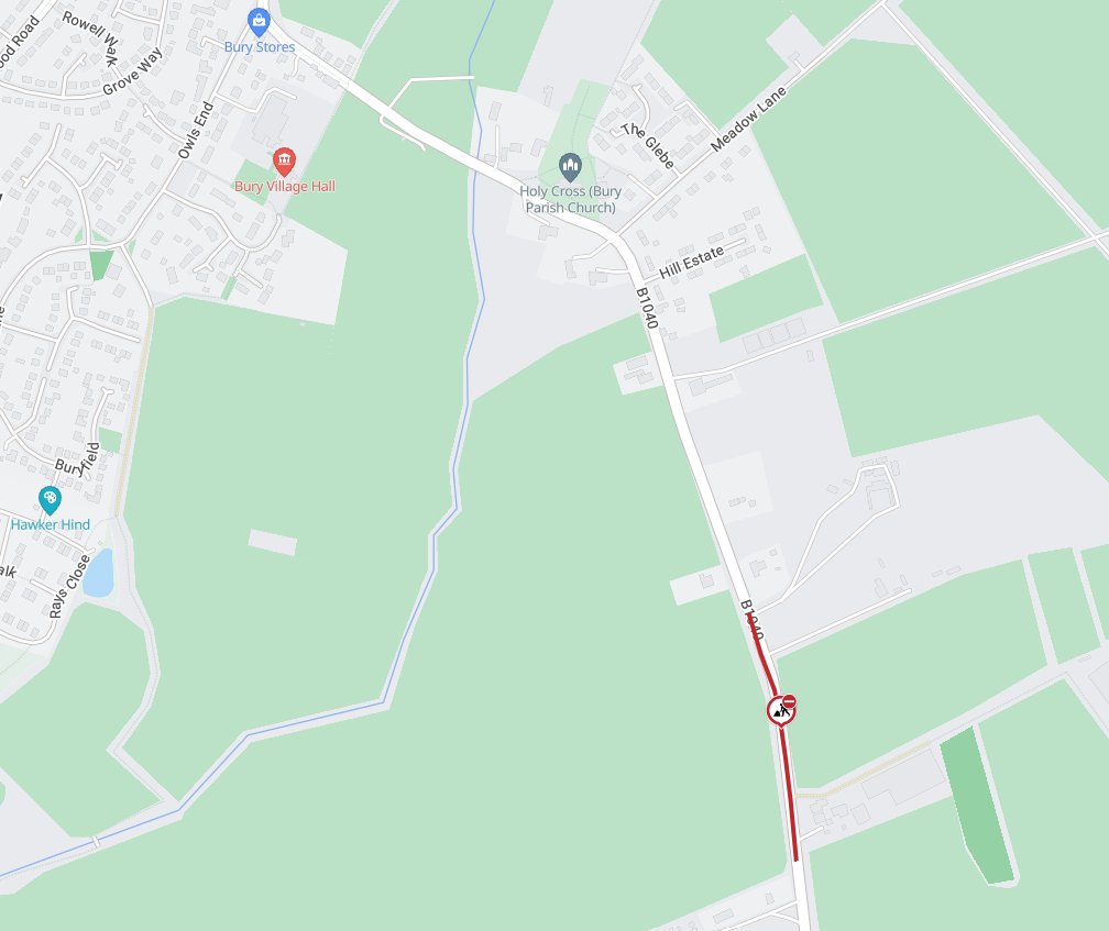 Cambs_Traffic's tweet image. ⛔️ROADWORKS
#B1040 #Warboys Road, #Bury is CLOSED to all motor vehicles TODAY until the 30th April between the hours of 9:30am and 3:30pm daily for works.

More info: one.network/?GB148516238