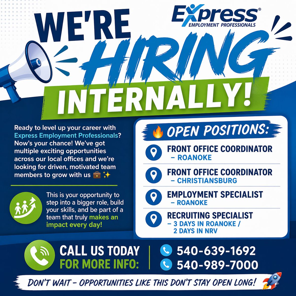 🚨 We're hiring internally! 🚨 Elevate your career with Express Employment Professionals. Multiple roles available in Roanoke &amp; Christiansburg. Ready to grow? Call us today! 📞 #CareerGrowth #JobOpportunities