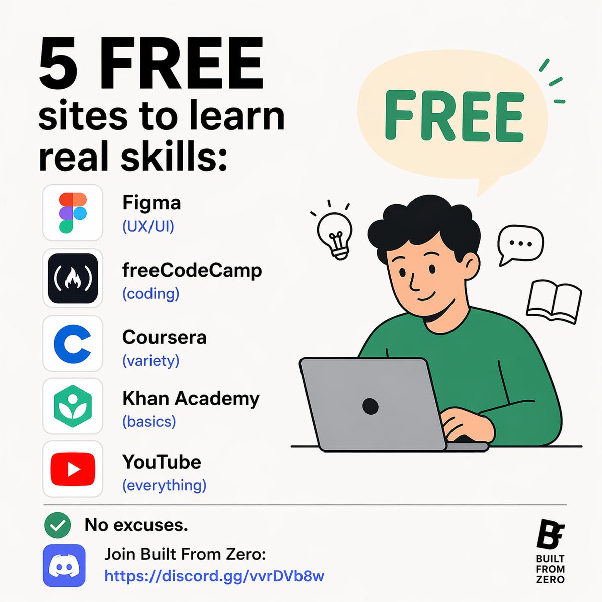 BUILT_FROMZERO's tweet image. 5 FREE sites to learn real skills:

• Figma (UX/UI)
• freeCodeCamp (coding)
• Coursera (variety)
• Khan Academy (basics)
• YouTube (everything)

Join Built From Zero:
discord.gg/vvrDVb8w

#learning #freetools #uxdesign #webdev #skills #education #onlinelearning #figma
