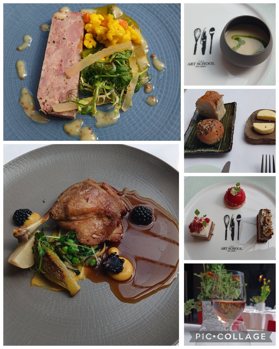 Scarfie1's tweet photo. Lovely treat to me lunch @ArtSchoolLpool today for #liverpoolrestaurantweek Cauliflower and golden raisin velouté was absolutely delish. Ham hock terrine and confit duck yum and the rhubarb and ginger entremet (red dome) was my favourite dessert. https://t.co/TPe56yNfJu