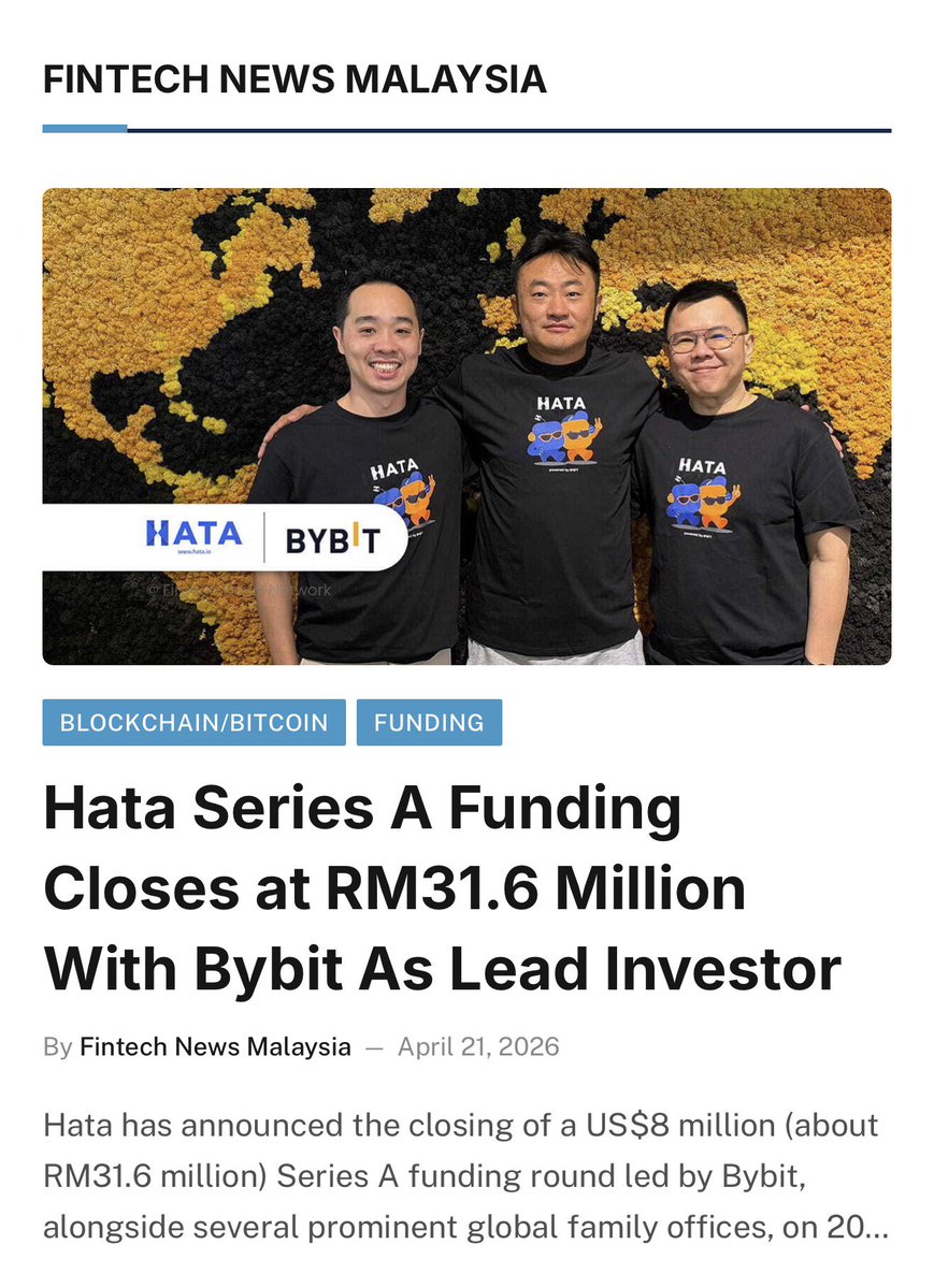 We just closed our Series A. 🚀

US$8M raised, led by Bybit.

209k users and RM1B+ in transactions and counting

Next phase for <a href="/hataglobal/">Hata</a> <a href="/hatamalaysia/">Hata Malaysia</a> : stronger platform, deeper liquidity, better user experience.

Grateful for the trust. Let’s keep building 💪🏼

Picture from