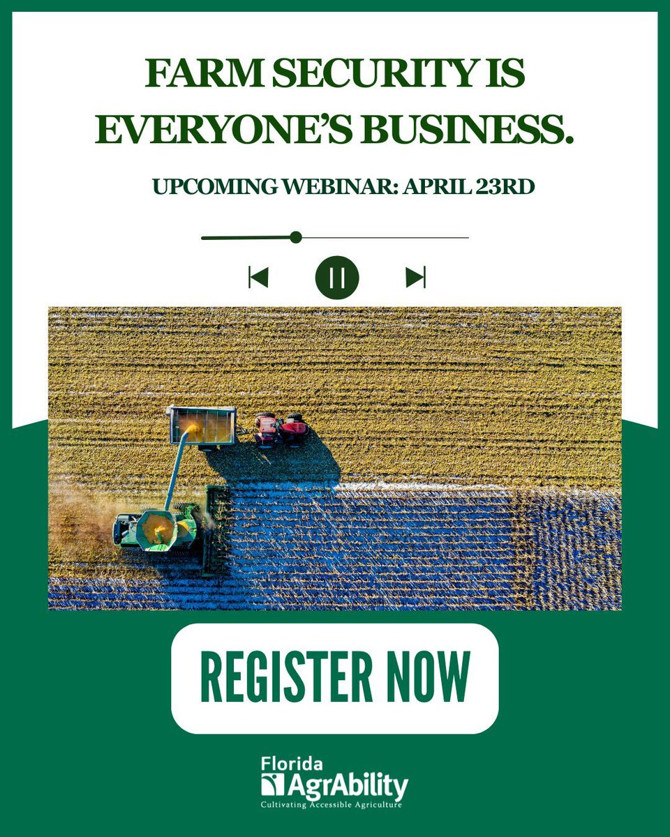 FL_AgrAbility's tweet photo. Farm security impacts more than operations, it affects the resilience of agriculture as a whole. Sign up below for this upcoming webinar.
 
🗓 April 23 | 1 PM EDT 
🔗 Register: https://t.co/iuLqgiDdrT https://t.co/vtByEjtlOi